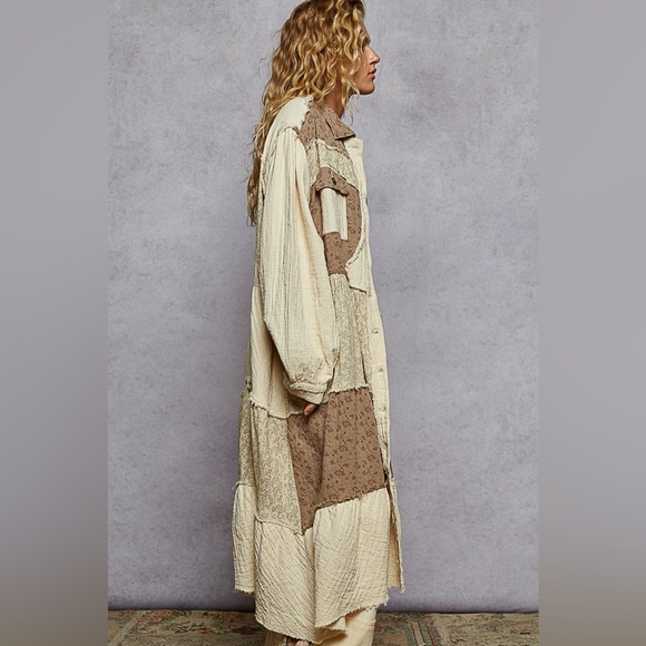POL Patchwork Long Cotton Duster Coat Cream Brown - Picture 2 of 4